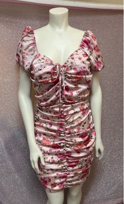 • Floral Ruched Bodycon Mini Dress Pink Puff Sleeve Sweetheart Milkmaid Drawstring