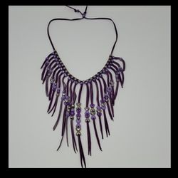 Vintage Long Purple Leather Heart-Shaped Beaded Fringe Necklace 