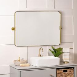 (New in Box)
MOON MIRROR 30" x 22" Brushed Gold Metal Framed Pivot Rectangle Bathroom Mirror for Wall Mounted, Tilting Rounded Corner Rectangular Wall
