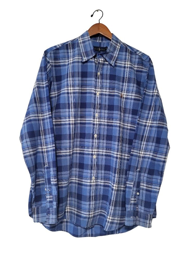Ralph Lauren Blue Cotton Plaid Notch Collar Long Sleeve Oxford Shirt Size Large.
