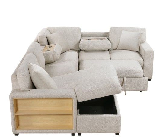 Beige SLEEPER SECTIONAL with USB PORTS AND CUPHOLDERS AND STORAGE AND SHELVES