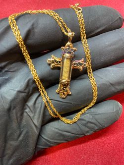 Vintage Terra Sancta Holy Land Sand Cross Necklace 18K Gold Over Sterling Silver NIB