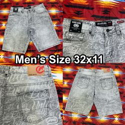 Ecko Unltd All Over Print Script Gray Denim Shorts Men’s Sz 32 Jorts Relaxed AOP