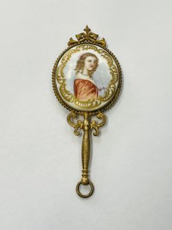 Vintage Antique Victorian Porcelain Hand Painted Hand Mirror