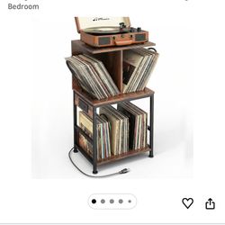 Record Player Stand with Vinyl Storage, Large Record Table Holds 180 Albums, Vinyl Record Storage Stand with USB Charger, Multi-Functional Side Table 