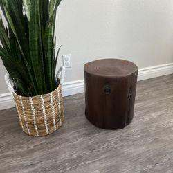 COSIEST Outdoor End Table Walnut Colored Faux Wood, Hand-Painted Wood Stump Stool, Ottoman or Plant Stand, Deck or Garden