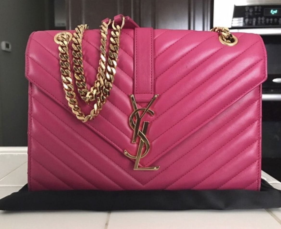 YVES SAINT LAURENT Bubblegum Pink Chevron Quilted Lambskin Leather Monogram Medium Flap Bag