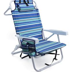 2 Beach Chairs for Adults Heavy Duty, Compact Portable Lay Flat Folding Chair with Backpack Straps and Large Cooler Pouch, Support to 350LBS (Stripes_