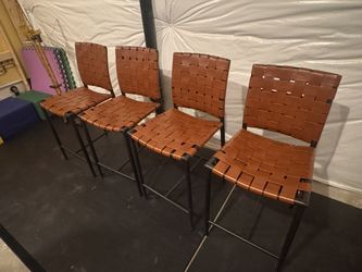 Modern Woven Leather Bar Stools (Set of 4) – Black Metal Frame