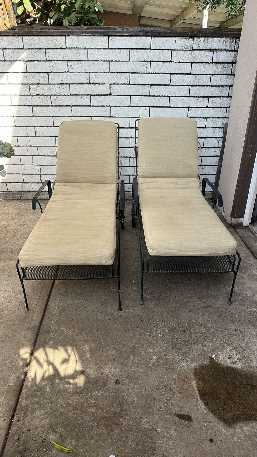 Vintage Wrought Iron Chaise Lounge Chairs (Pair) w/Cushions  