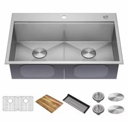 KRAUS Loften 33 in. Drop-In/Undermount Double Bowl 18 Gauge Stainless Steel Kitchen Workstation Sink with Accessories