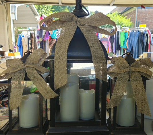 3pc set of decorative HSN lanterns with burlap bows, flameless candles, 5 sets of decor INCLUDED