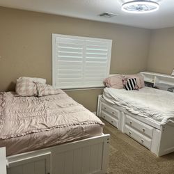 2 Full Size Captains Beds W/ Storage & Bookshelf