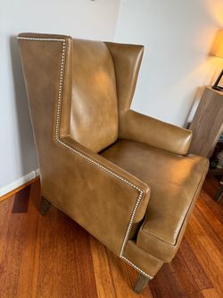 Ethan Allen cognac leather wing back chair