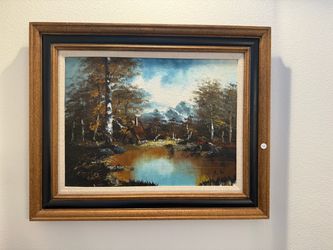Framed Oil Painting Forest Landscape with Cabin
