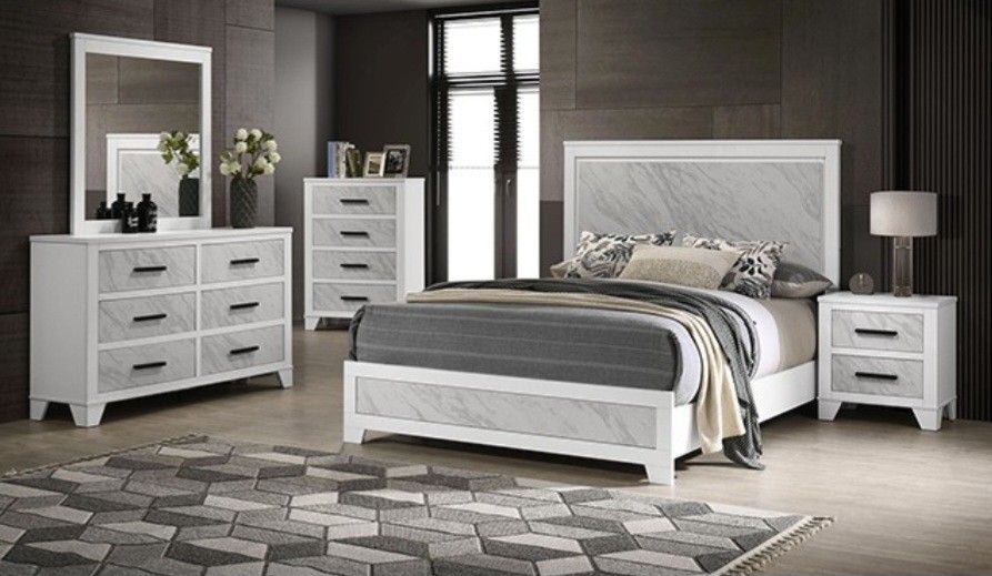 Brand New White & Grey Contemporary Style 4pc Queen Bedroom Set