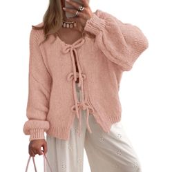 PRETTYGARDEN Women’s Small Pink Tie Front Bow Puff Sleeve Knit Cardigan Sweater Cottage Core Coquette 
