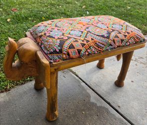 Wooden Elephant Footstool with Embroidered Cushion