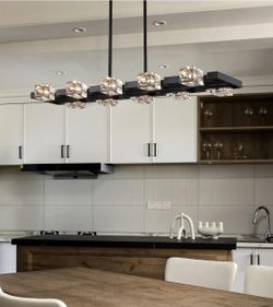 AMZASA Black Modern Crystal Chandeliers for Dining Room,10 Lights Large Industrial Rectangle Chandelier for Kitchen Island Dining Table Bar Cafe Resta
