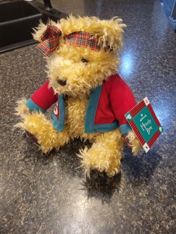 Hallmark Merrily Bear plush curly golden hair bear with red vest
2 matching bears available ($8 for one or $12 total for both)