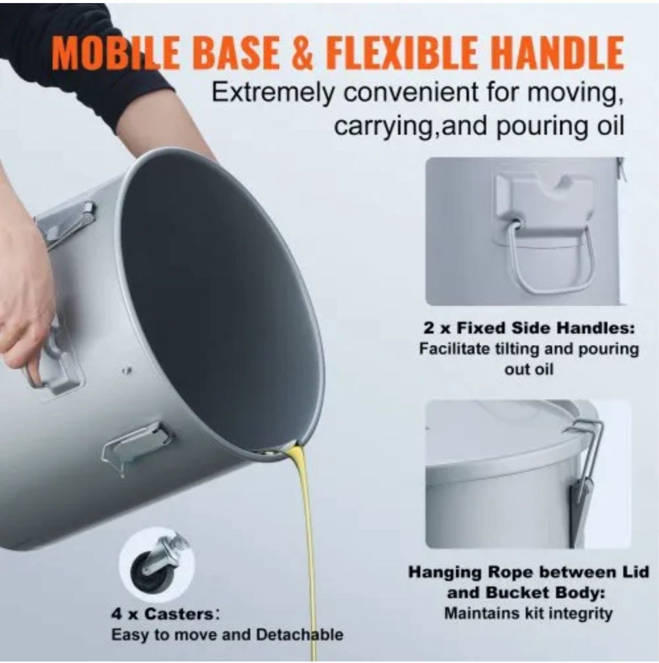 VEVOR Fryer Grease Bucket, 16 Gal Oil Disposal Caddy with Caster Base, Carbon Steel Rust-Proof Coating, Oil Transport Container with Lid, Lock Clips,