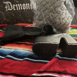 Demonia Camel 300 Wide Calf Thigh High Platform Boots size 9 black vegan leather