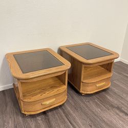 Retro Oak End Tables With Glass Tops- Pair