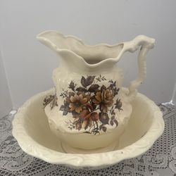 Vintage Pitcher and Bowl Wash Basin set with Flower Design  