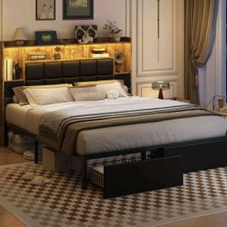 LED Bed Frame King Size with Bookshelf PU Leather Headboard, 2 Hidden Storage Drawers, Upholstered Platform Bed with Charging Station, Metal Slats Sup