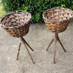 Pair of Vintage American Wicker Rattan Basket Planter Stand Tripod Legs
