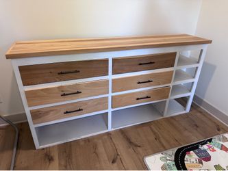 White and Natural Wood Dresser with Cubbies