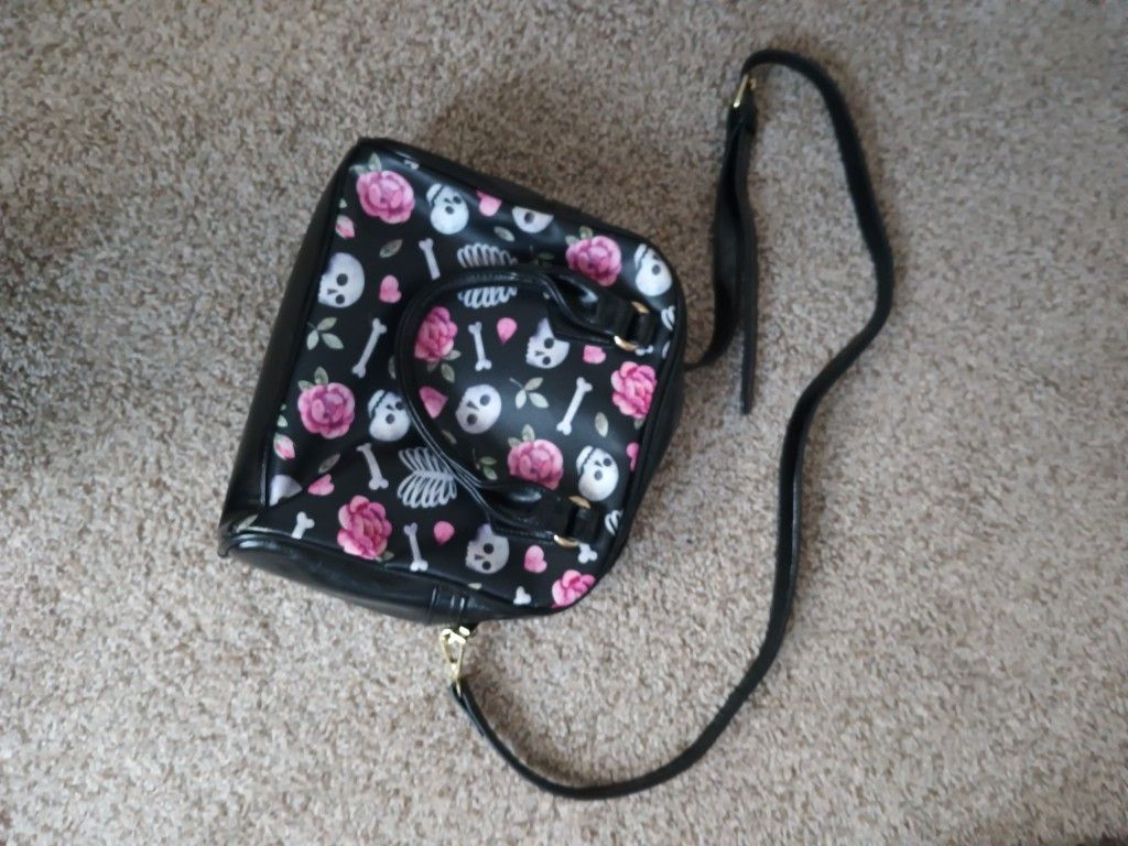 Skull And Peony Black Shoulder Bag