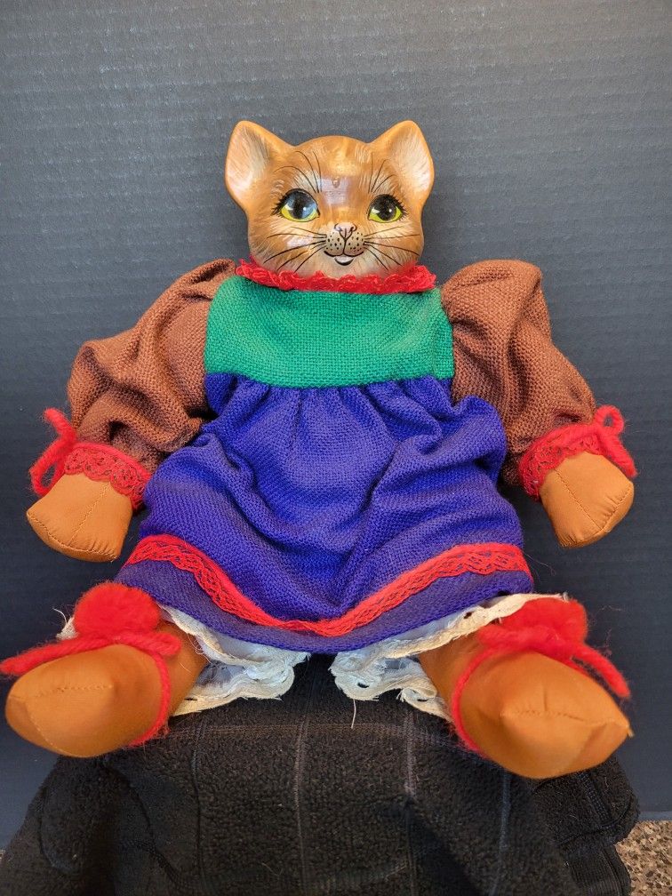 Hand Painted Wood & Cloth Folk Art Cat Doll Posable Legs 13" Tall
