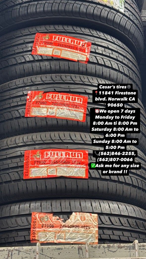 245/50R20 FULLRUN A SET OF FOUR NEW TIRES, INCLUDES MOUNTING AND BALANCING WITH WARRANTY, ASK ME FOR ANY SIZE OR BRAND, WE HAVE THE BEST PRICES!!