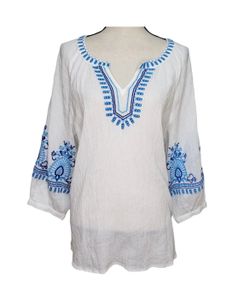 Talbots Blue White Shell Print 3/4 Sleeve VNeck Side Slit Cotton Tunic Top -2X- Price Negotiable 