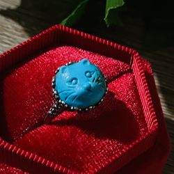 Hand-carved Turquoise Cat Ring 925sterling Silver Ring Size Fixable 
