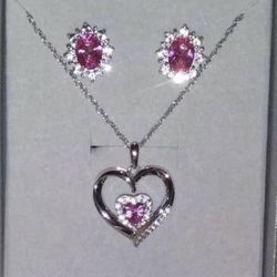 Sterling Silver Diamond And Pink Stone Necklace & Earring Set