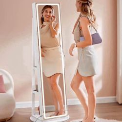   LED Jewelry Cabinet Standing, Lockable Armoire With Full-Length Mirror and Adjustable Lights, Space-Saving Organizer, Gift Idea, Cloud Whi