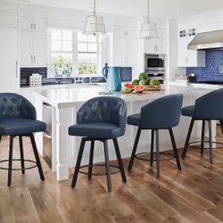 Blue/Faux leather 26.4-in H Counter height Upholstered Swivel Metal Bar Stool 4 -Pack