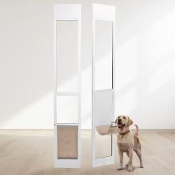 91#Dog Door for Sliding Glass Door, 75 7/8"-80 11/16" Adjustable Height Doggy Door for Sliding Doors, Aluminum Frame Tempered Glass Pet Door with Hing