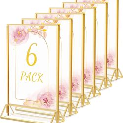 HIIMIEI Acrylic Gold Frames Sign Holders 4x6, Double Sided Table Menu Display Stand, Wedding Table Numbers Holder(6 Pack)