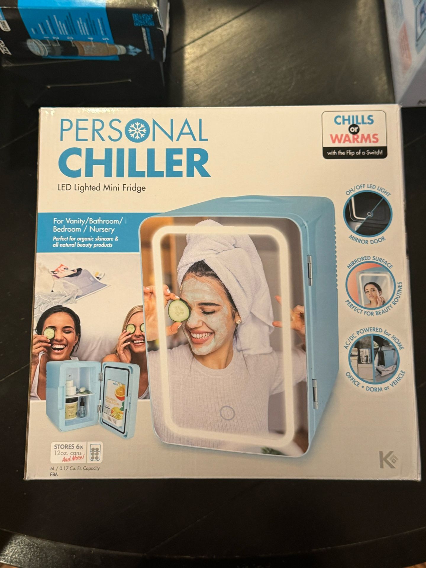 Personal Chiller Vanity Mini Fridge, 4L Blue Makeup Fridge with LED mirror