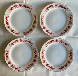 Set of 4 Vintage Red Dragon with Gold Trim Chinese Dinner Plates