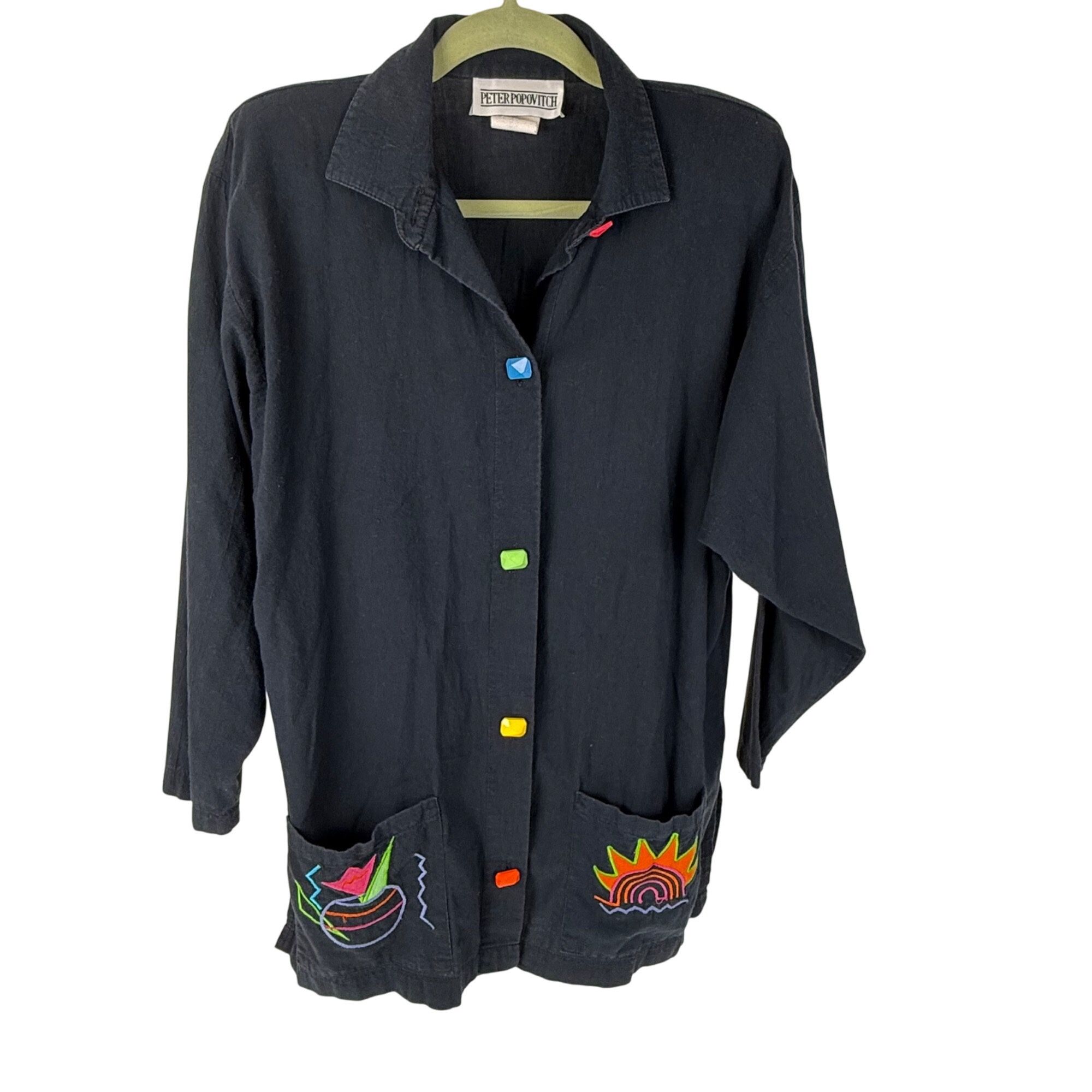 Peter Popovich Vintage Embroidered Button-Front Top Jacket Black Size S