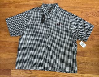 Saints Studio Men’s Large Dark Blue White Gingham Button Down Graphic Shirt New