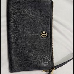 Tory Burch black Pebbled Leather Clutch With Gold Metal Accents And Detachable Leather Strap 