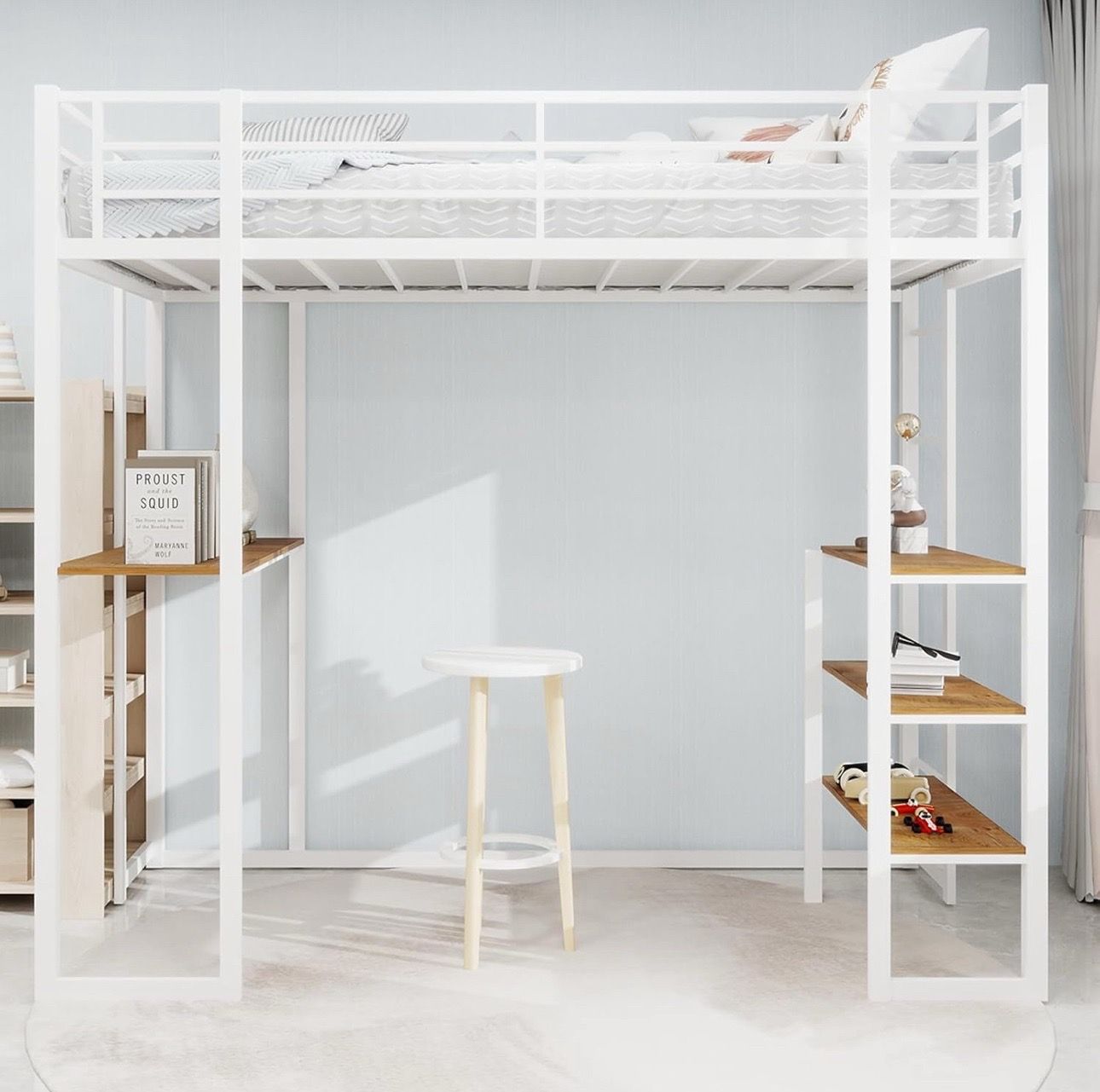 Children’s bed Metal Loft Bed with Built-in L-Shaped Desk & Storage Shelves Twin size