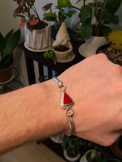 925 sterling silver red stone open bangle bracelet made in Mexico