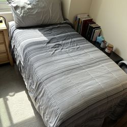 Twin Mattress, bed frame, and bedding