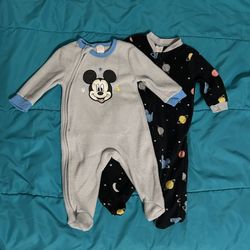 Disney Baby Mickey Mouse Fleece Footed Sleepers size 0-3 months(gray one has a tiny stain)